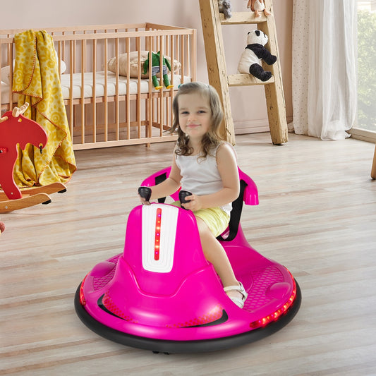 Electric pink bumper car for kids with remote control and built-in music feature.