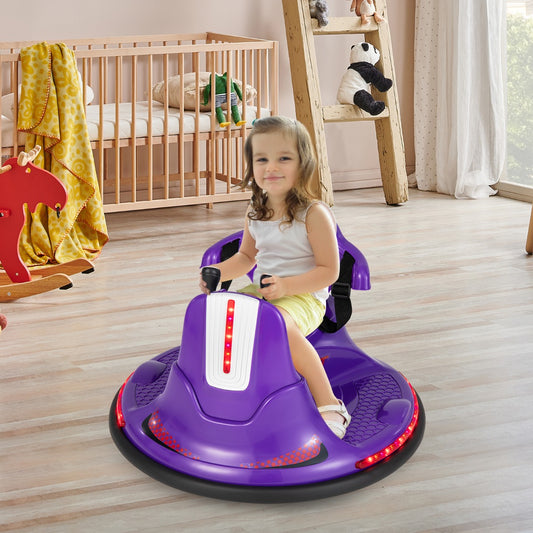 Purple electric bumper car for kids with remote control and music, home entertainment.