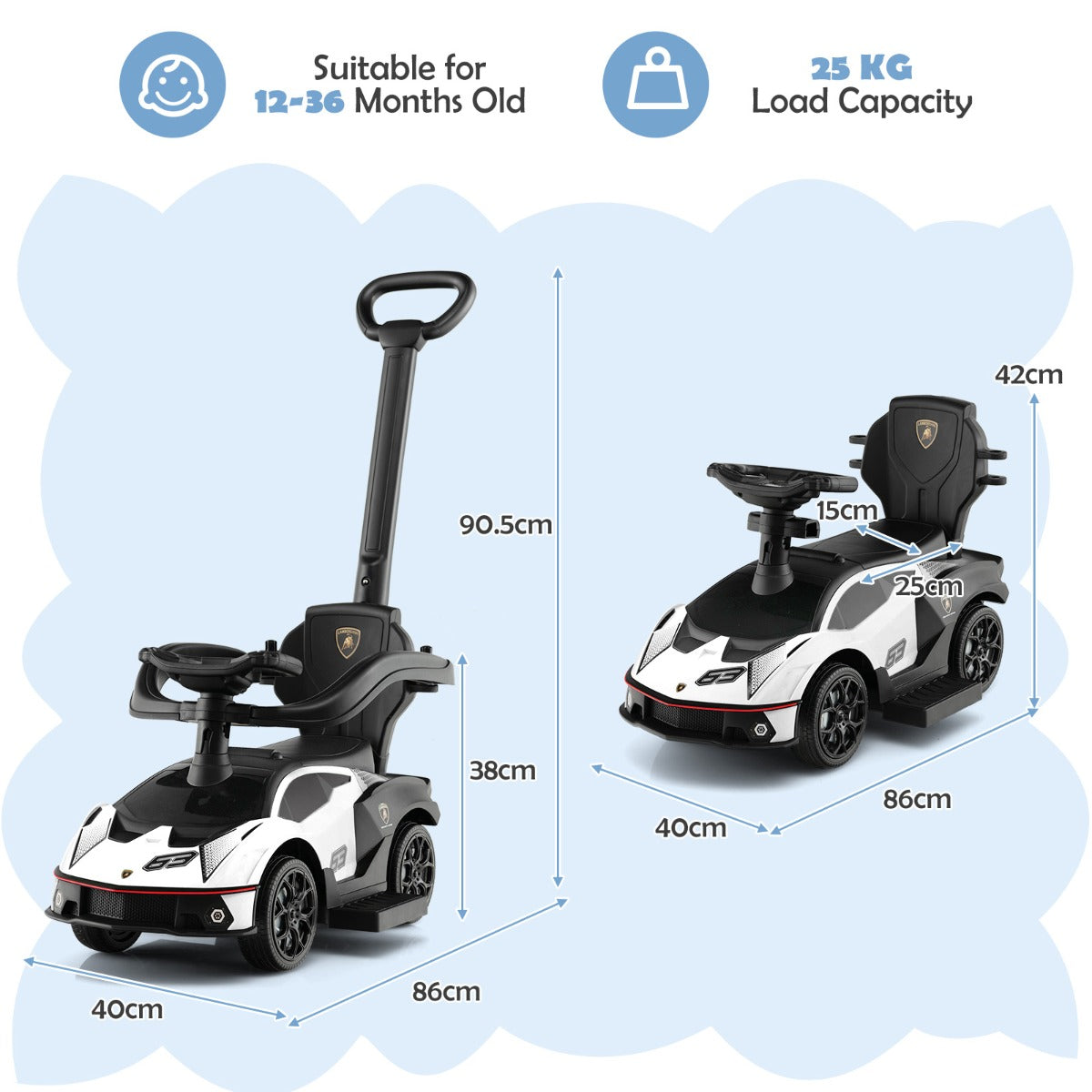 Kids Lamborghini ride-on car with music and lights, perfect for indoor play and fun.