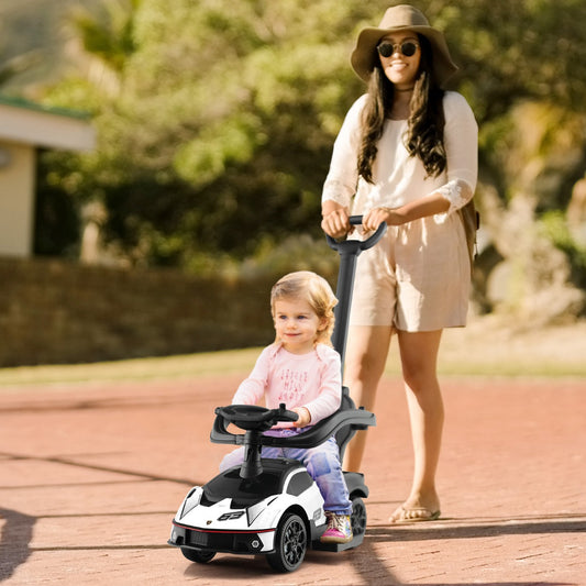 Red Lamborghini kids ride-on car with music and lights, perfect for indoor playtime.