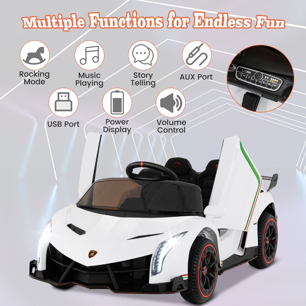 White Lamborghini 4WD ride-on car for kids features luxury wheels and authentic licensing for realistic driving fun.