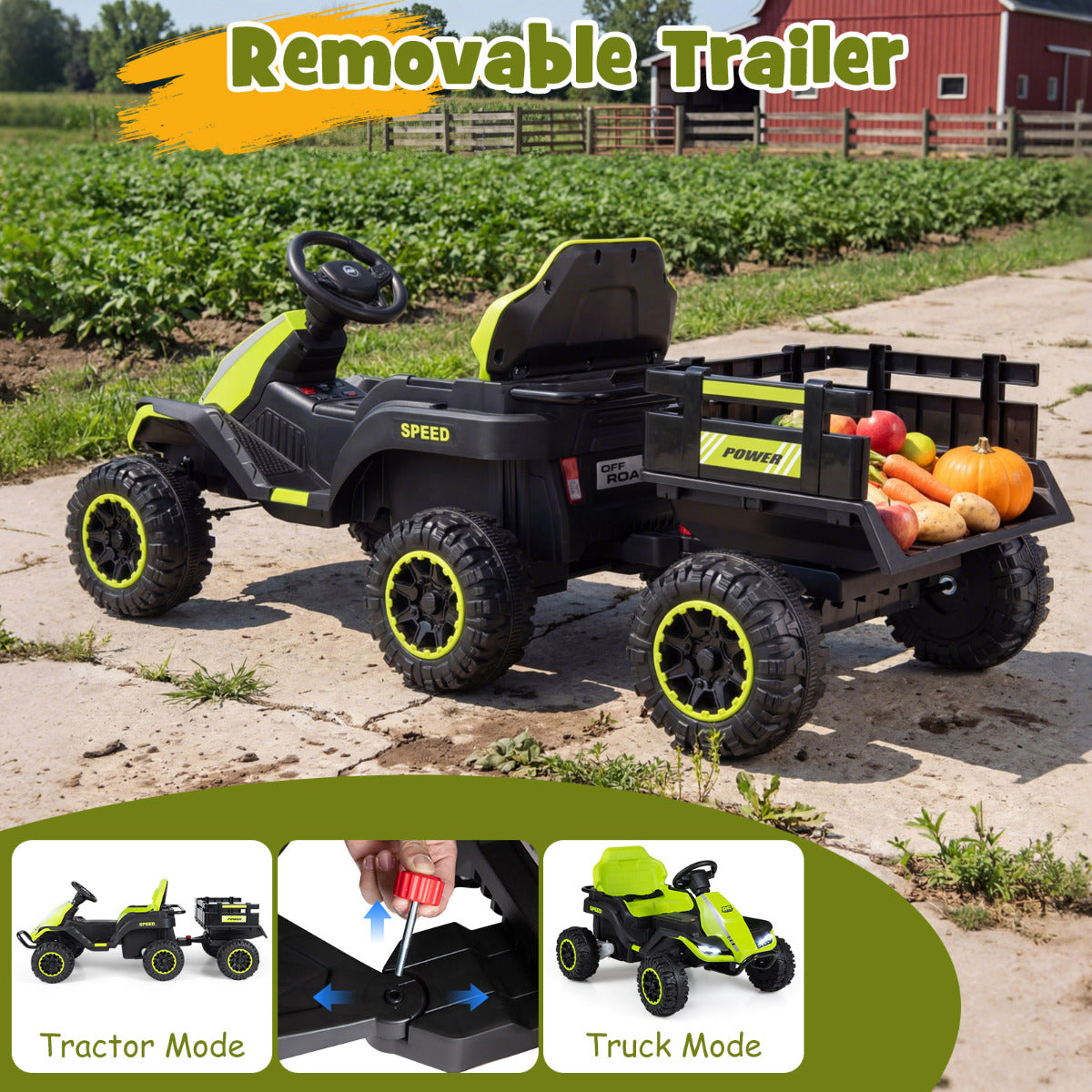Green Ride On Tractor With Trailer | 24V Kids Electric Vehicle