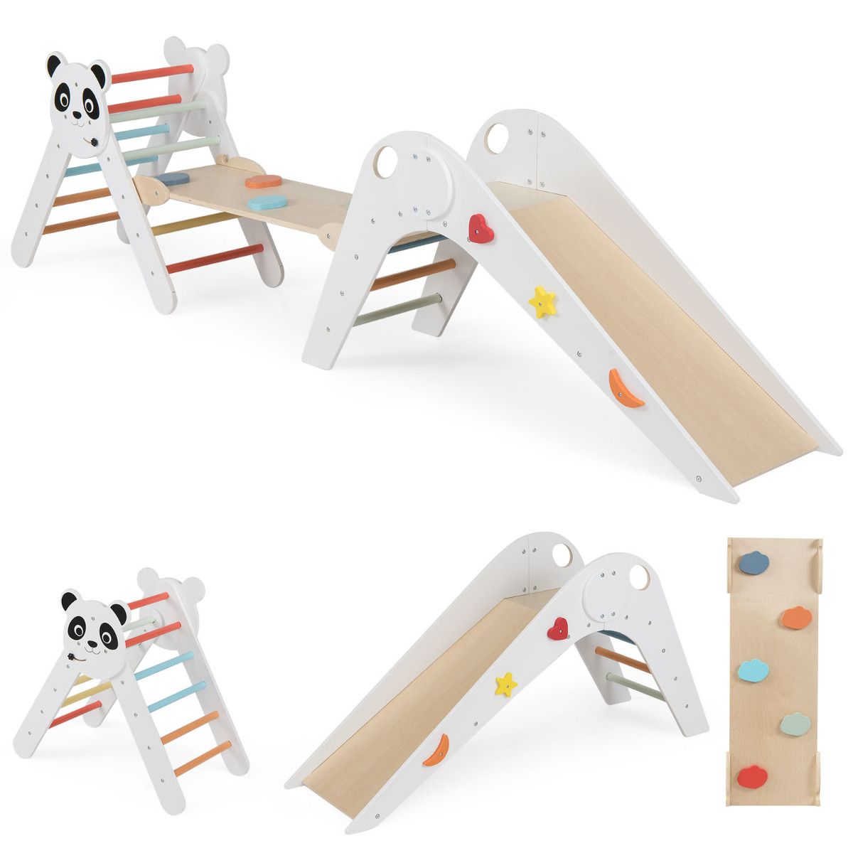 Foldable Beech Wood Triangle Climbing Set | Natural Panda Theme