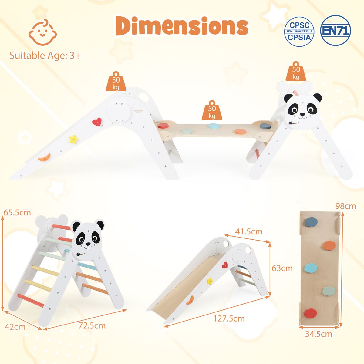 Foldable Beech Wood Triangle Climbing Set | Natural Panda Theme