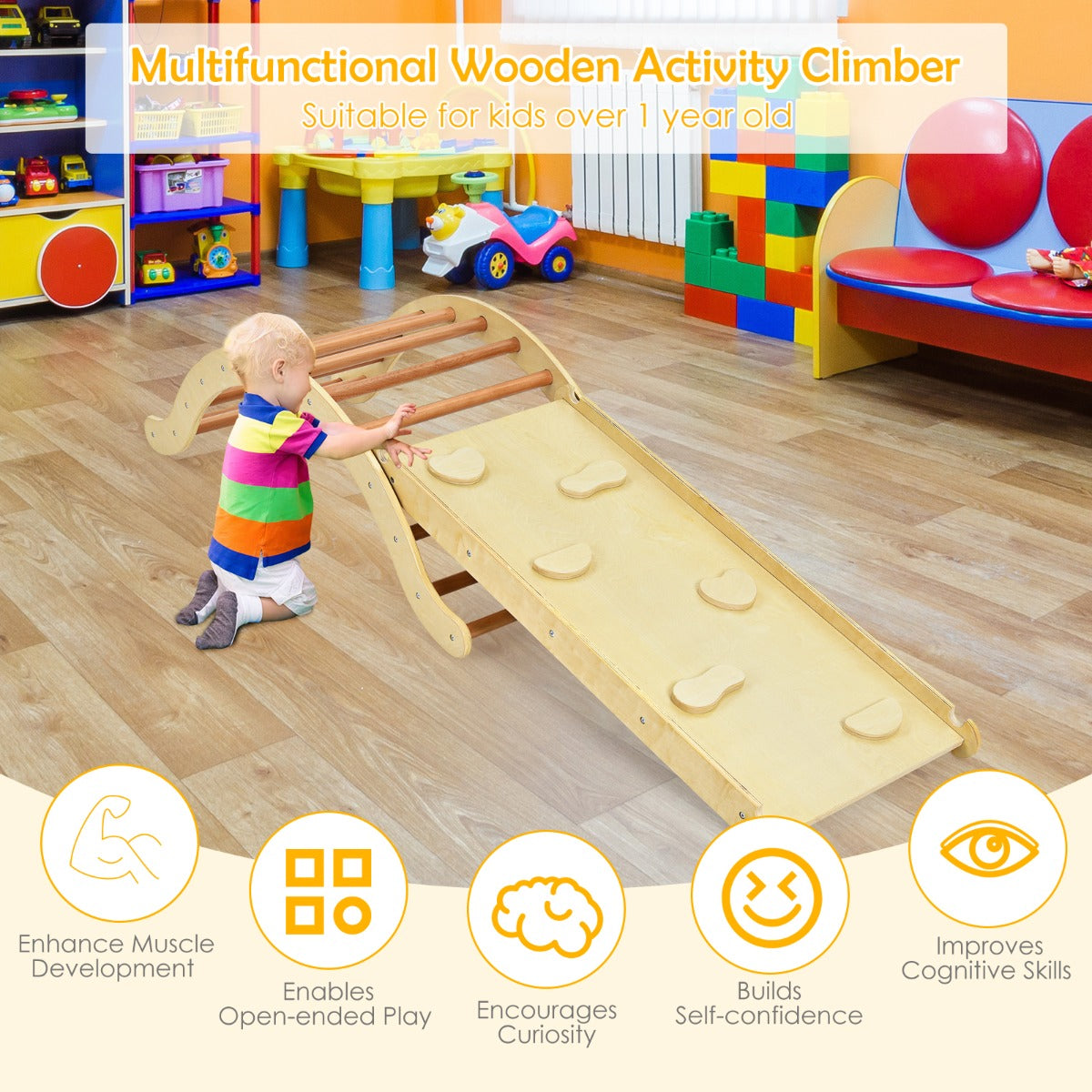 Kids climbing ladder and reversible ramp set for active indoor/outdoor play at home.