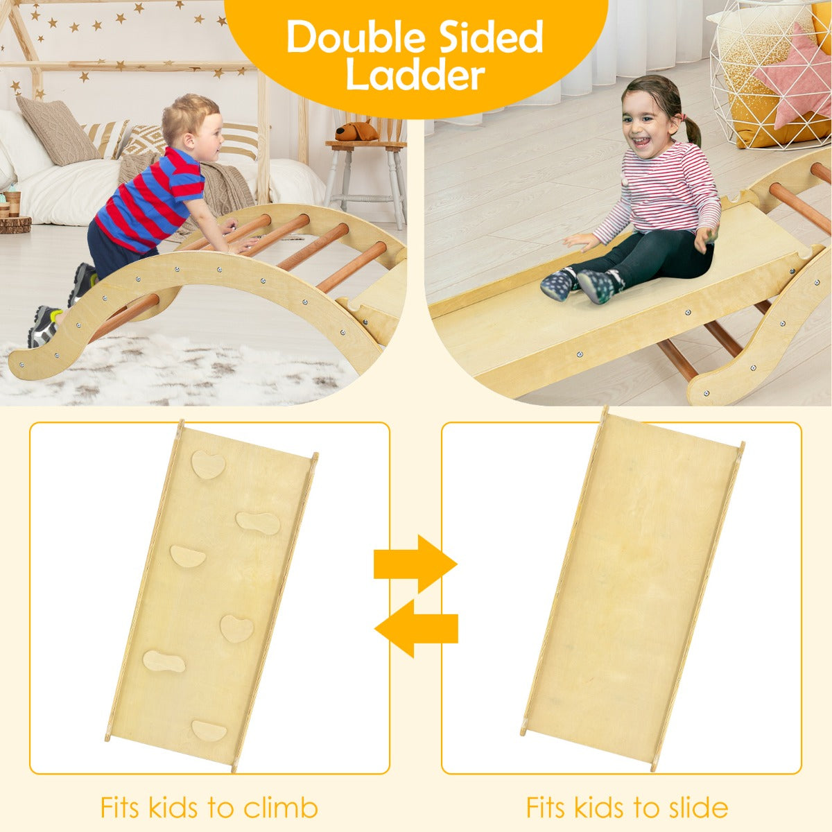 Kids climbing ladder and reversible ramp for active play indoors and outdoors.