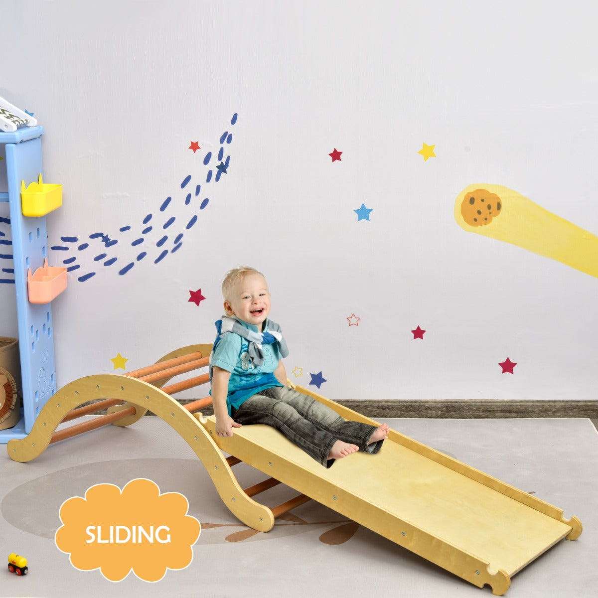 Kids climbing ladder and reversible ramp set for active indoor/outdoor play at home.