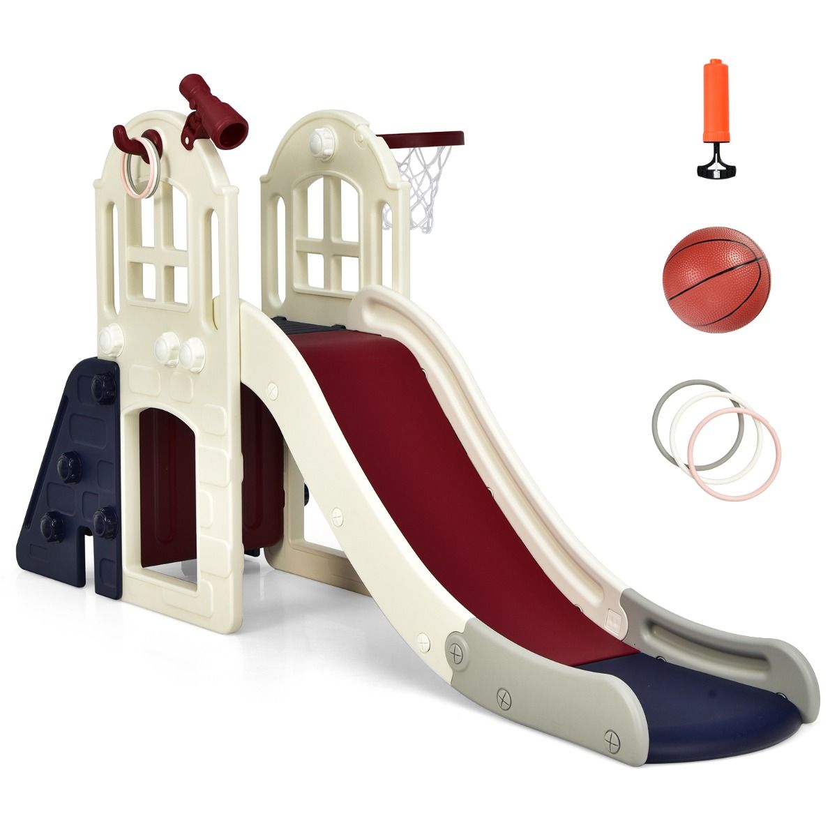 Blue playground slide with integrated basketball hoop offers dual-play fun for active outdoor recreation