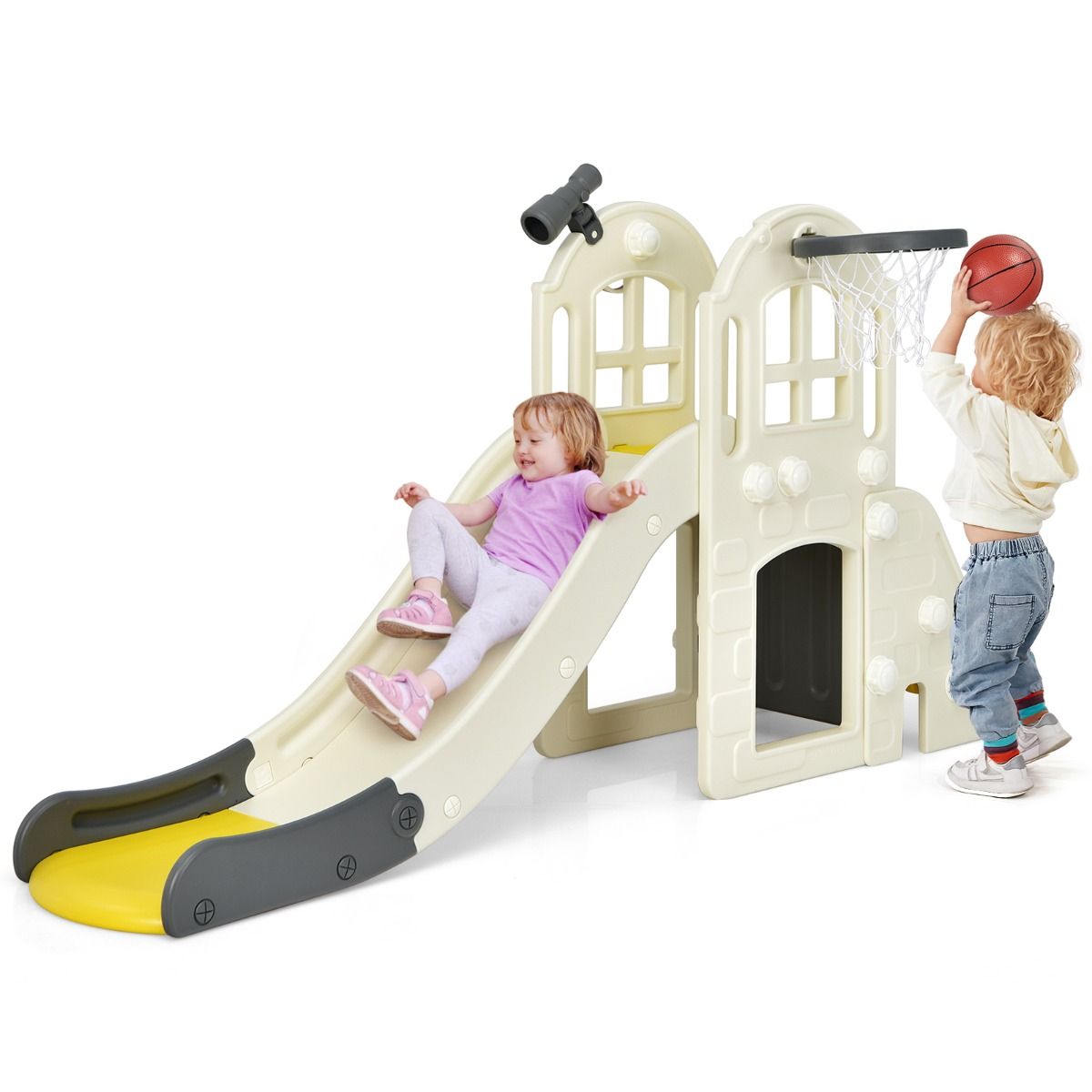 Versatile 6-in-1 playground slide set featuring multiple activities, vibrant colors, and a basketball hoop for endless