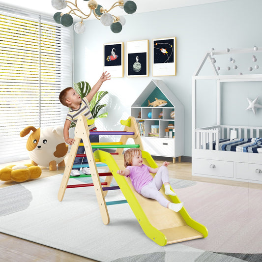 Wooden climbing triangle and slide set for versatile indoor play for children.