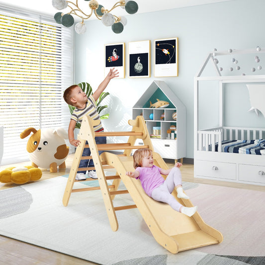 Wooden climbing triangle and slide set for toddlers, perfect for indoor/outdoor play.