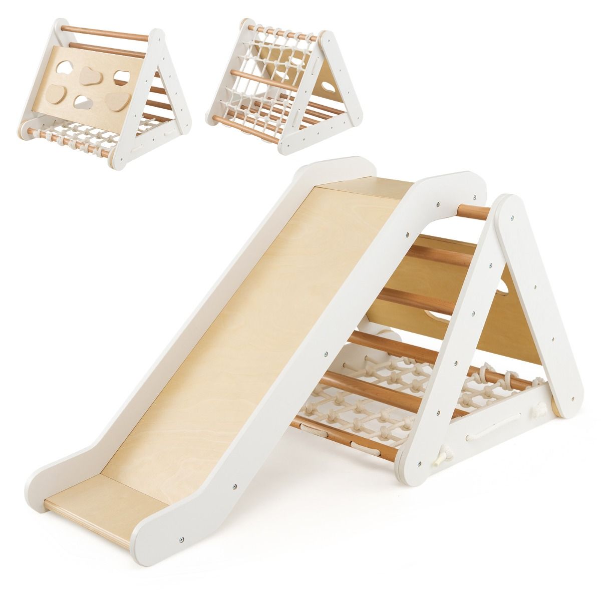 Versatile wooden 4-in-1 climbing set for toddlers, featuring a triangle climber and multiple play configurations for