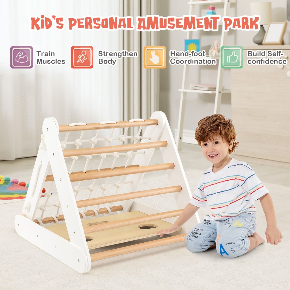 Versatile wooden 4-in-1 climbing set for toddlers, featuring a triangle climber and adjustable configurations for active