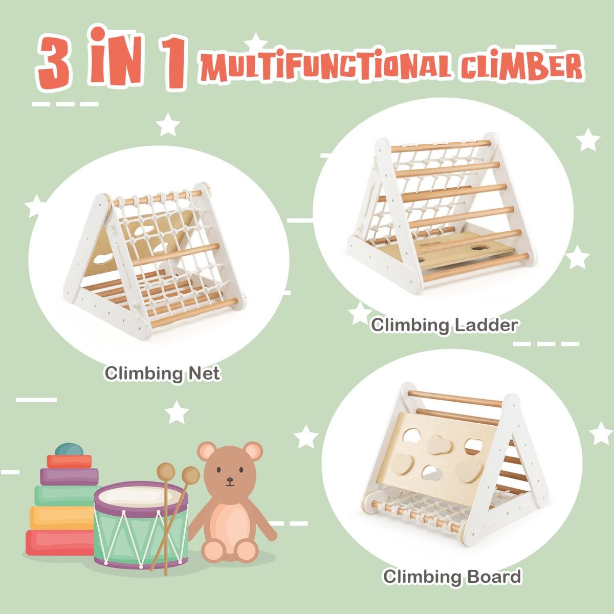 Versatile wooden triangle climber set with 4-in-1 design promotes active play and motor skill development for toddlers