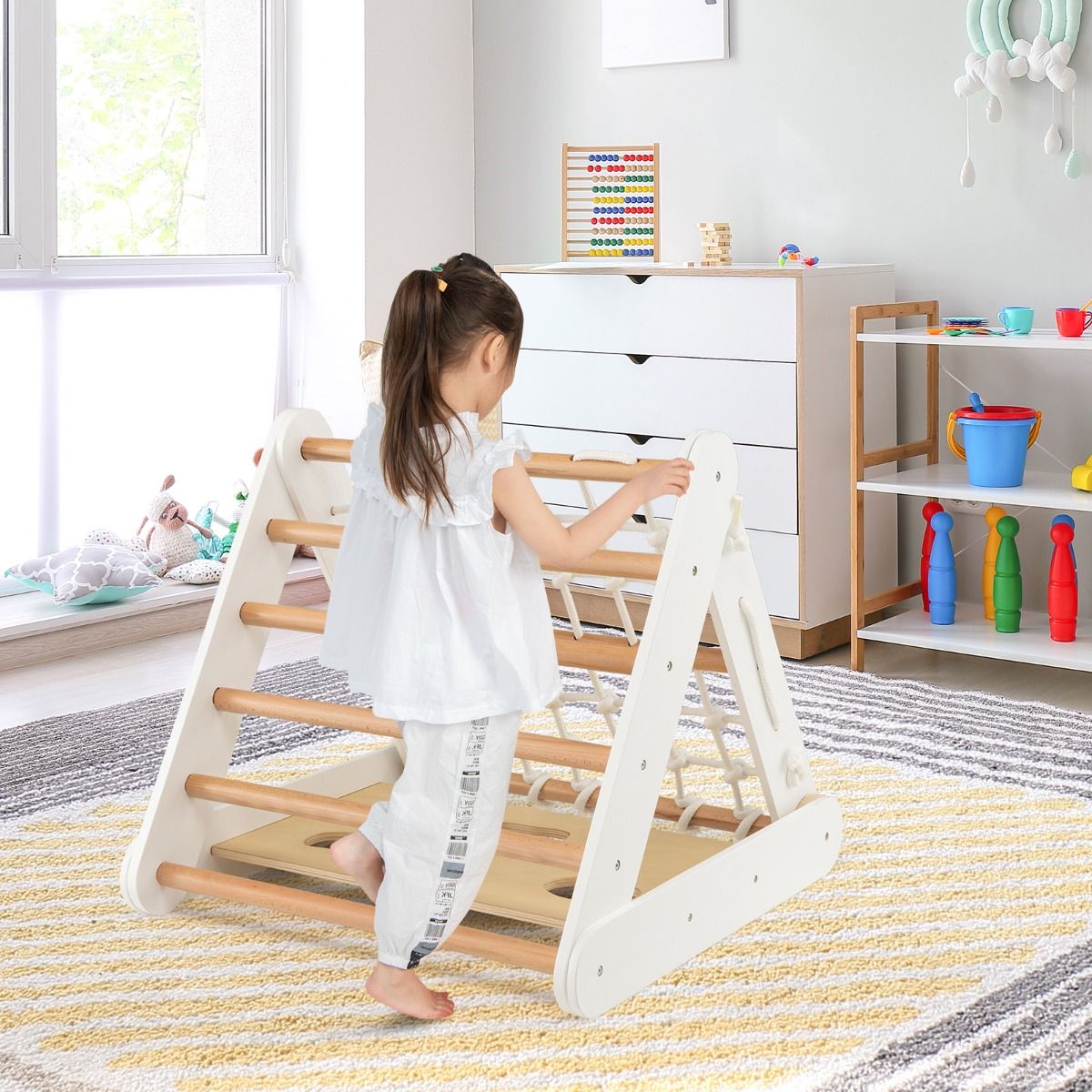 Versatile wooden climbing set with triangle climber, ramp, and ladder for active toddler play and motor skill development