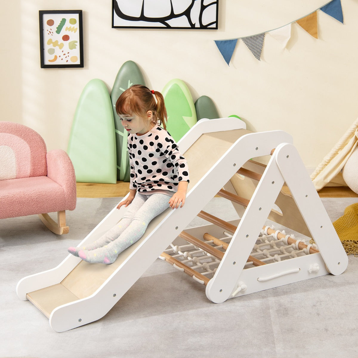 Versatile wooden triangle climber set offers 4-in-1 toddler climbing toys for active indoor play and motor skill development