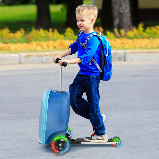 Blue 2-in-1 Kids Scooter Luggage with Light-Up Wheels, perfect for fun-filled travels.