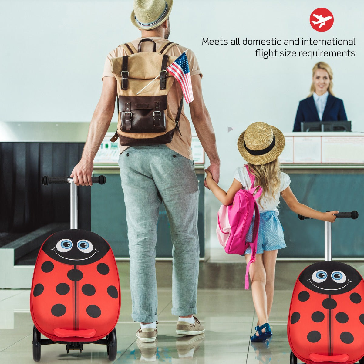 Red 2-in-1 kids scooter luggage with light-up wheels for fun, functional storage and travel.