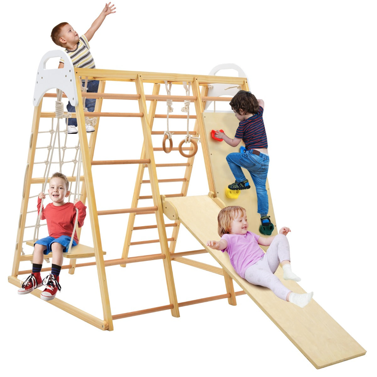 8 In 1 Natural Wood Jungle Gym | Monkey Bars & Climbing Set