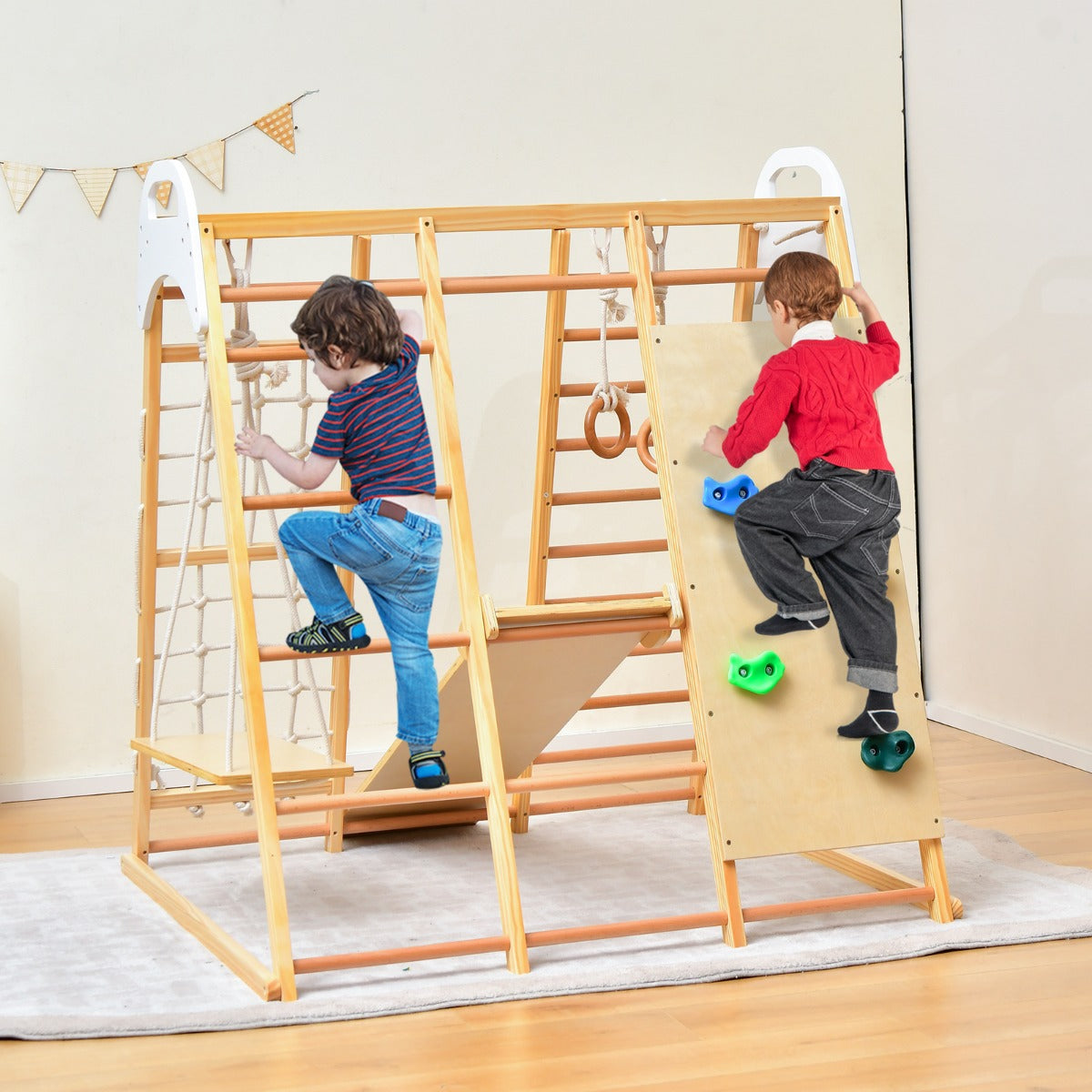 8 In 1 Natural Wood Jungle Gym | Monkey Bars & Climbing Set