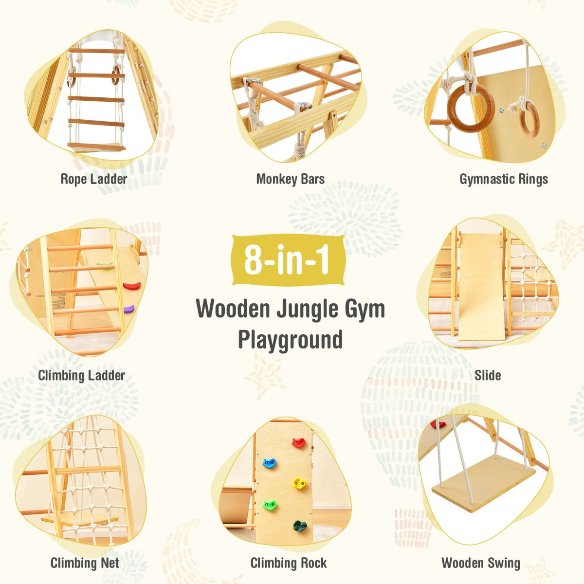 8 In 1 Natural Wood Jungle Gym | Monkey Bars & Climbing Set