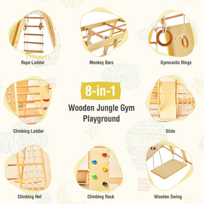 8 In 1 Natural Wood Jungle Gym | Monkey Bars & Climbing Set