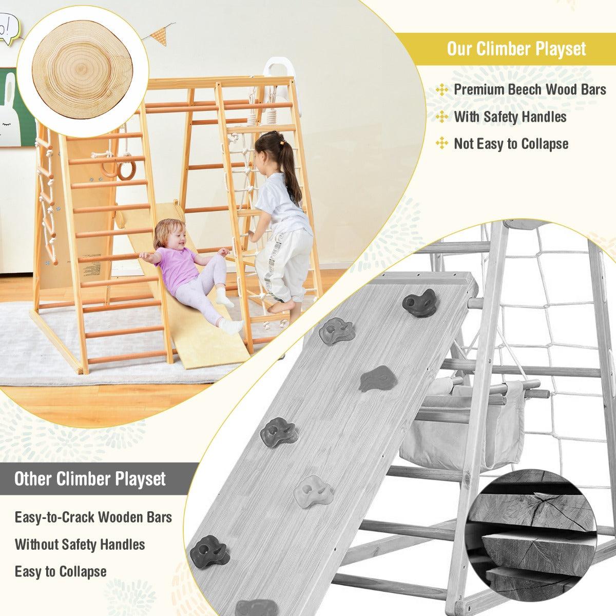 8 In 1 Natural Wood Jungle Gym | Monkey Bars & Climbing Set