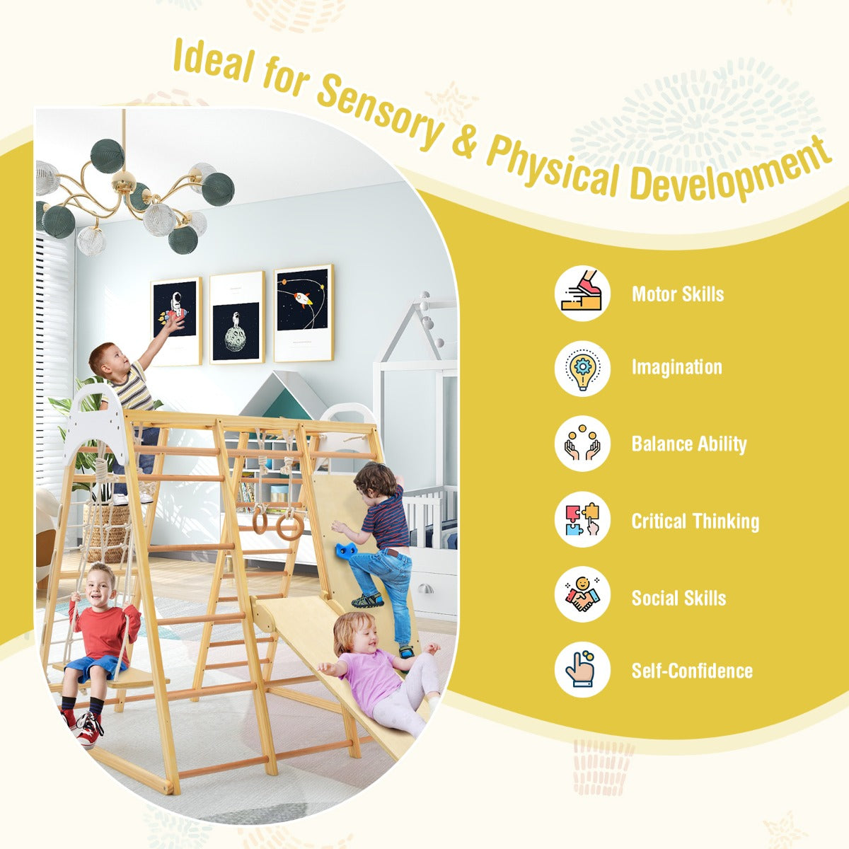 8 In 1 Natural Wood Jungle Gym | Monkey Bars & Climbing Set