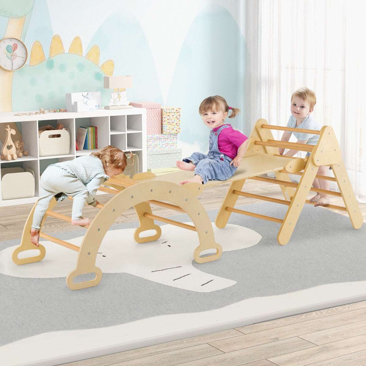 Montessori-inspired wooden Pikler Triangle; promotes active play and motor skills development for toddlers.