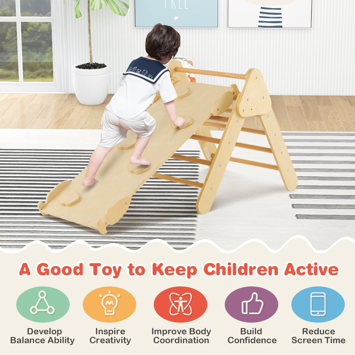 Montessori Pikler triangle playset for toddlers - promotes active play and motor skills.