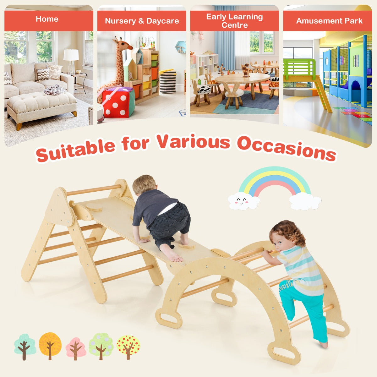 Montessori Pikler Triangle Climbing Set - 3-piece wooden playset for toddlers.