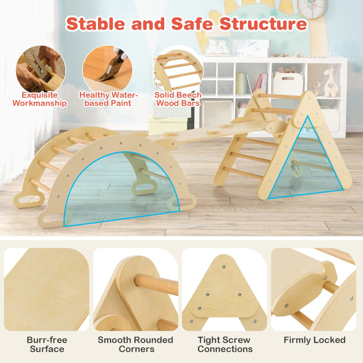 Montessori wooden Pikler triangle climbing set for toddlers - promotes active play at home