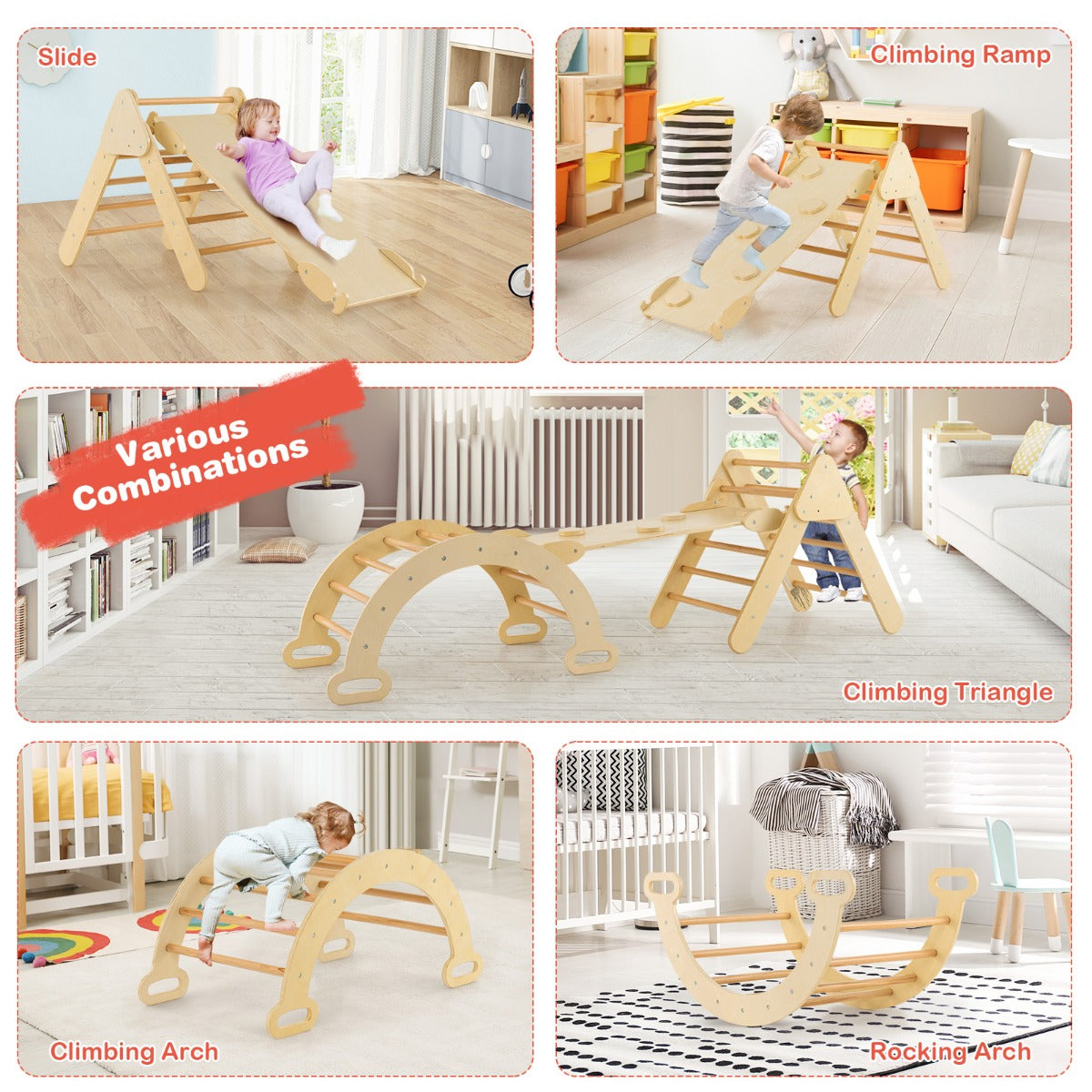 Montessori-inspired Wooden Pikler Triangle Climbing Set, ideal for toddlers active play at home.