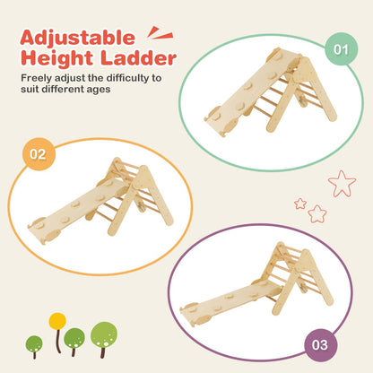 Montessori wooden Pikler triangle climbing set encourages active play and motor skills development.