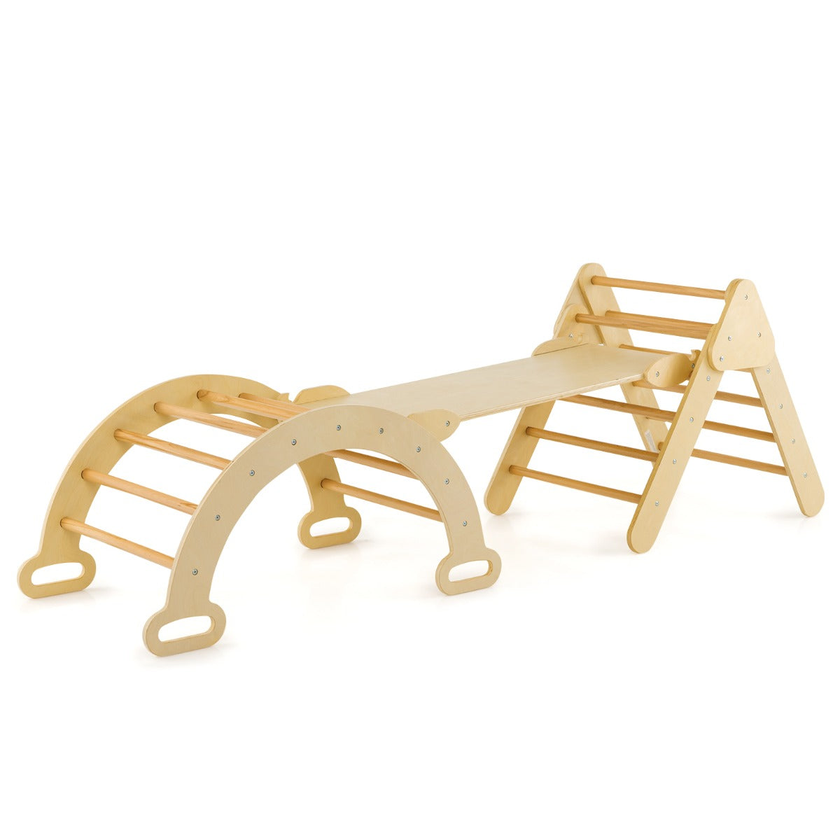 Montessori wooden Pikler triangle climber set for toddlers, promoting active play and motor skills.