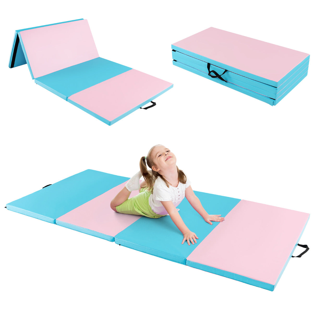 Tumbling Mat with Carry Handles and Sweatproof Detachable PU Leather Cover for Yoga-Blue