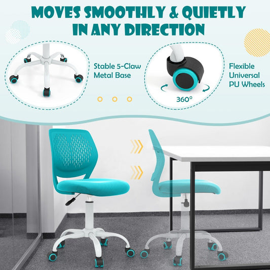 Turquoise ergonomic kids desk chair, adjustable for comfortable home study sessions.