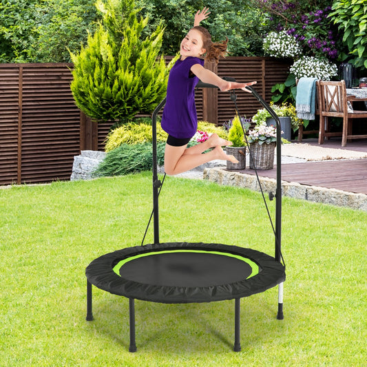 Foldable fitness trampoline with handrail and resistance bands for kids and adults at home.