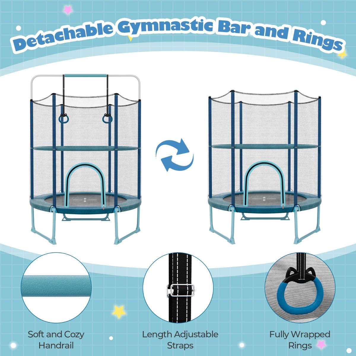 Trampoline Blue | 3-in-1 Design with Bar & Rings for Fun