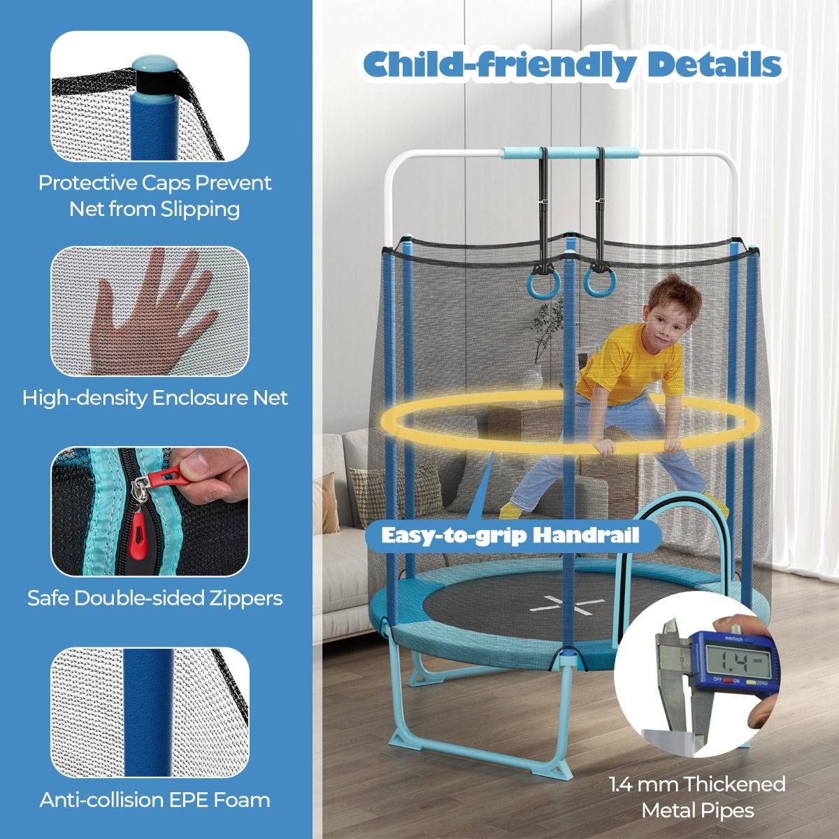 Trampoline Blue | 3-in-1 Design with Bar & Rings for Fun