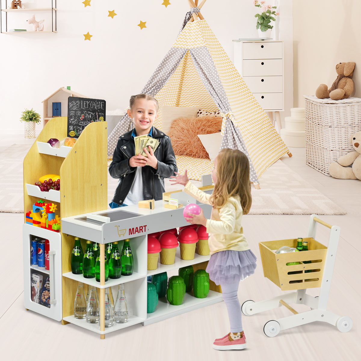 Kids Wooden Supermarket Play Set | Shopping Cart Toy