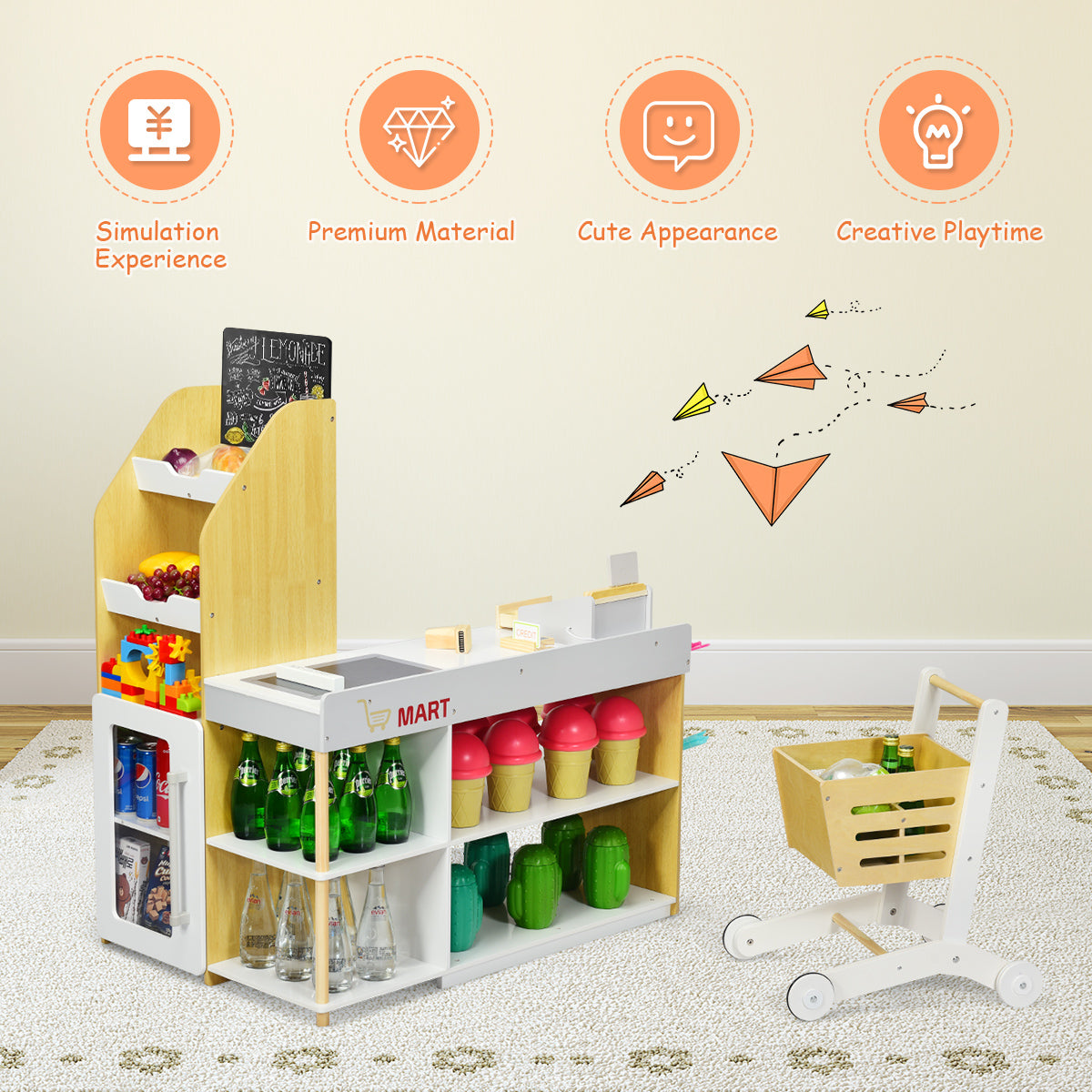 Kids Wooden Supermarket Play Set | Shopping Cart Toy