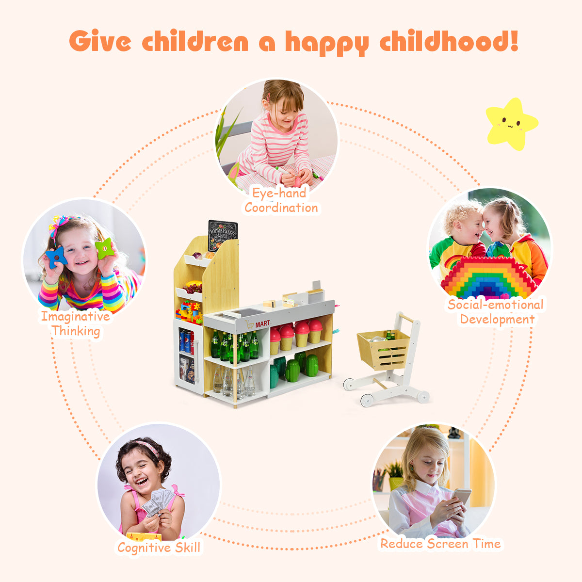 Kids Wooden Supermarket Play Set | Shopping Cart Toy