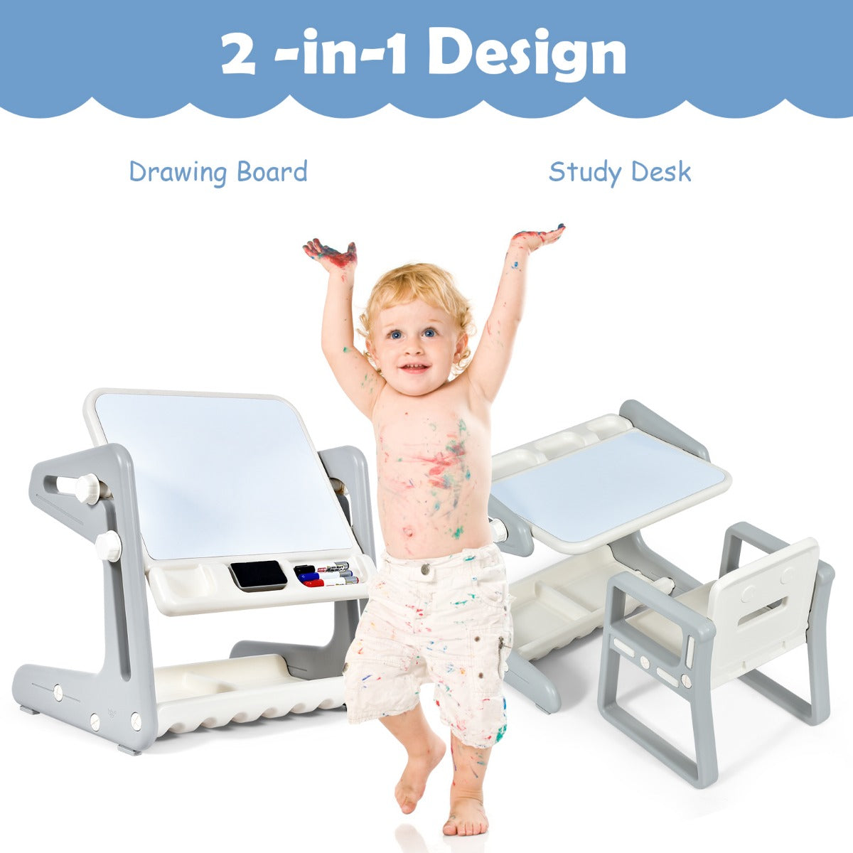 Kids Adjustable Drawing Table & Chair Set | Grey White