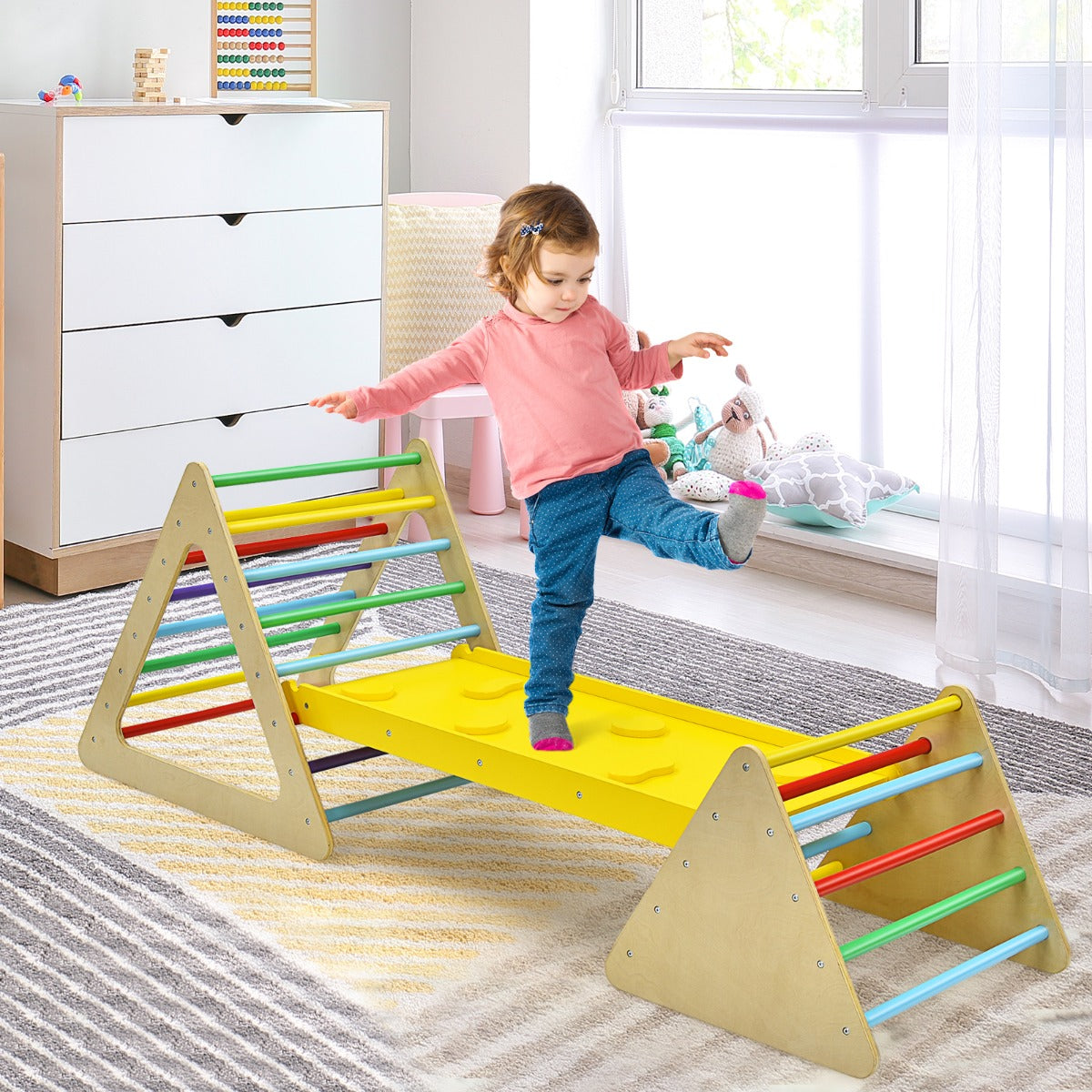 Wooden toddler climbing triangle with ramp for indoor play - versatile 3-in-1 playground equipment.