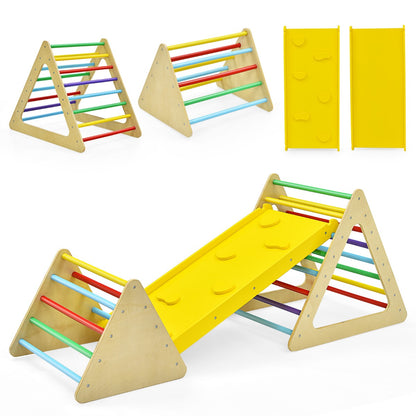 Wooden 3-in-1 Toddler Climbing Triangle Set with Ramp for indoor play and activity.