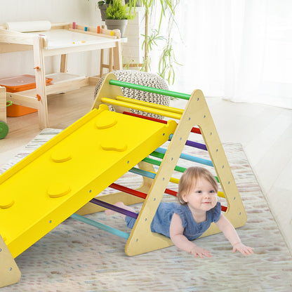 Wooden toddler climbing triangle with ramp for indoor play - versatile 3-in-1 playground equipment.