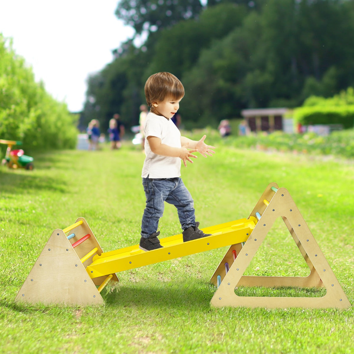 Wooden 3-in-1 toddler climbing triangle set with ramp for home indoor play.