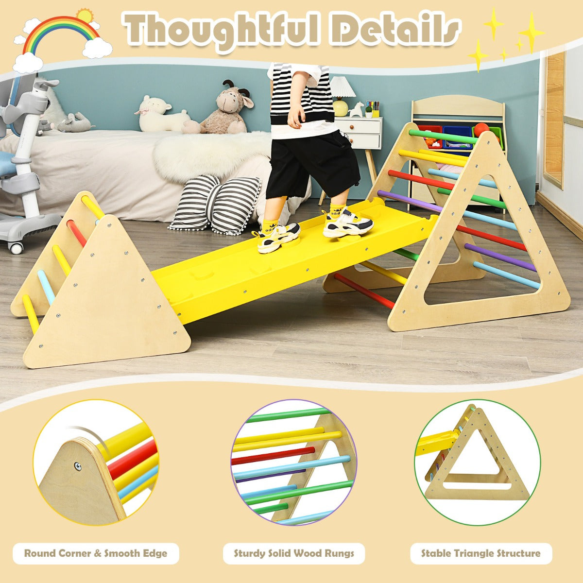 Wooden 3-in-1 toddler climbing triangle with ramp - versatile indoor playground equipment for kids.