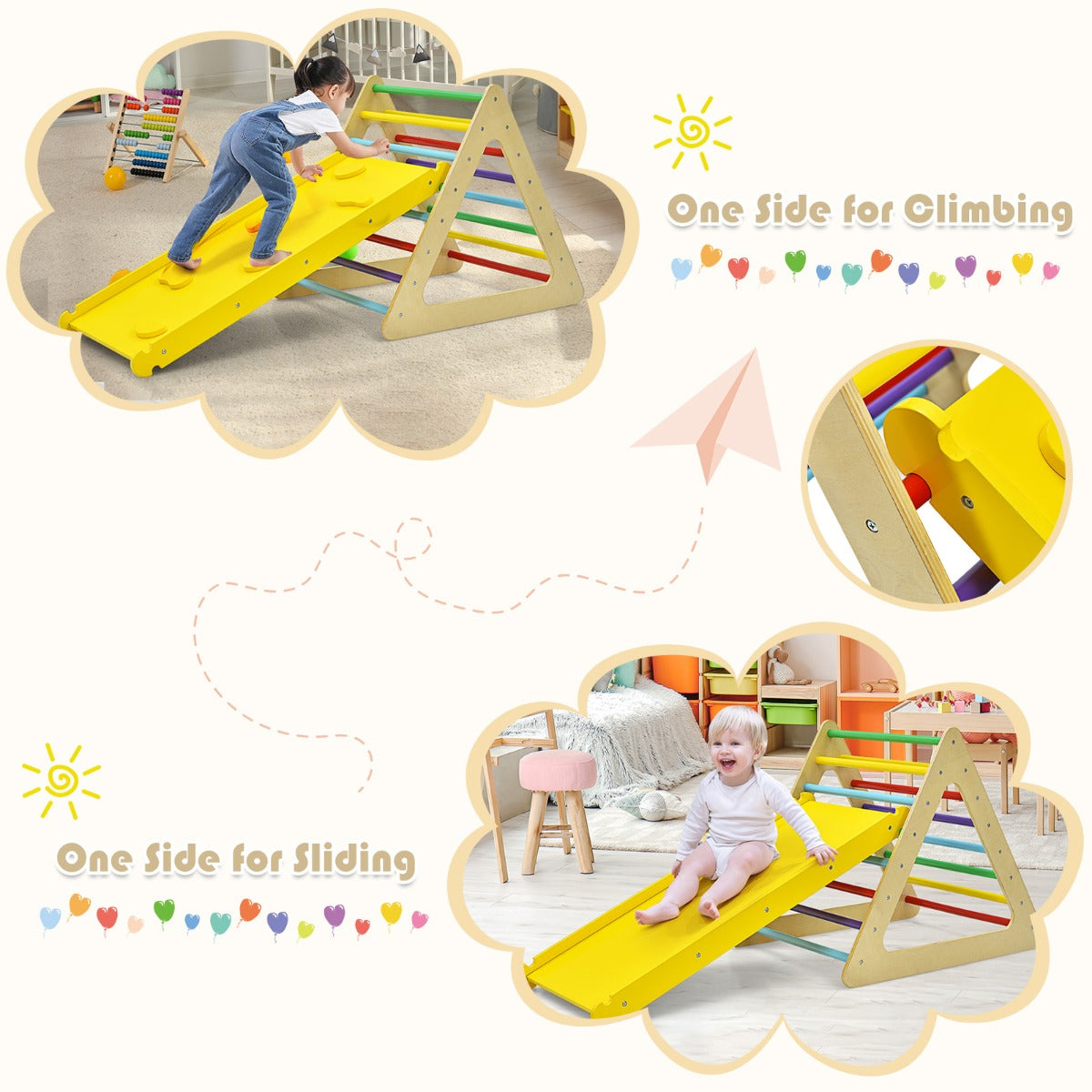 Wooden toddler climbing triangle set with ramp - versatile indoor playground equipment for kids.